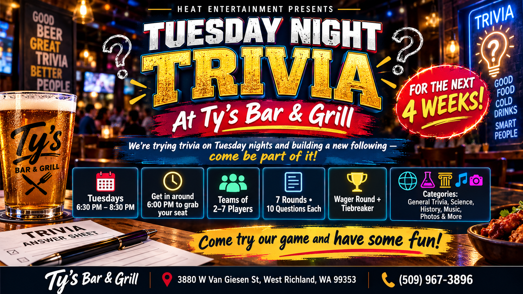 Tuesday evening Trivia at Ty's Bar and Grill